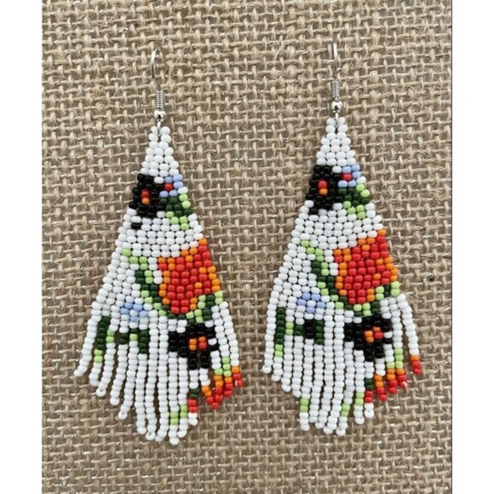 Handmade Miyuki Seed Bead Fringe Dangling Earrings Desert White Floral NWT